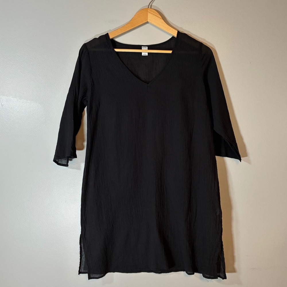 Old Navy Black Cotton Gauze V-Neck Tunic Dress Swim Cover-Up Small 117931-01